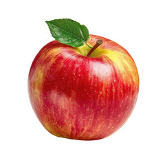 Close-up of a single, ripe red and yellow apple with a green leaf