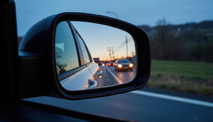 Fototapeta premium Cars reflected in side mirror during sunset on highway 