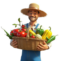 3D farmer character holding a basket of fresh vegetables.
