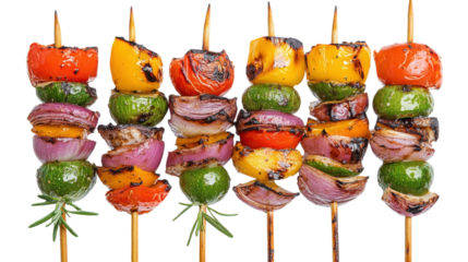Grilled Vegetable Skewers with Rosemary Garnish isolated on a Transparent or white Background