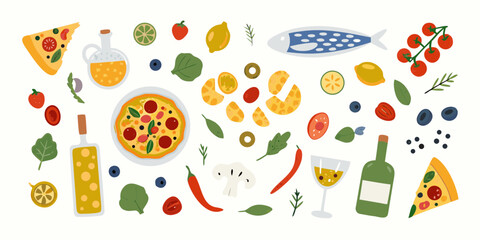 A vibrant flat lay illustration of italian food and ingredients including pizza wine fish and fresh produce