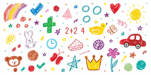 Collection of colorful hand drawn doodles featuring children s drawings of animals toys and school items