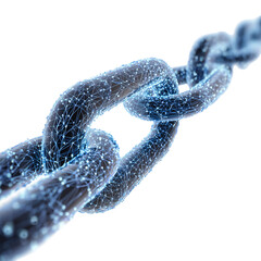 Close up of a metal chain with a digital network overlay against a black background isolated on transparent background