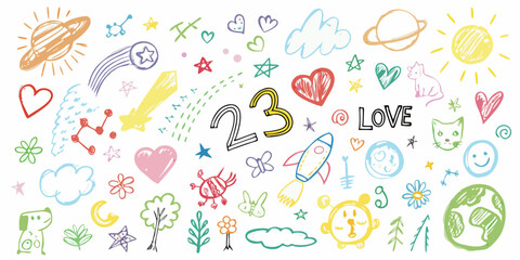 Whimsical hand drawn doodles featuring planets stars hearts rocket ship and cute animals with the number 23