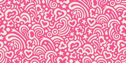 Whimsical pink and cream doodle pattern with hearts stars and swirls