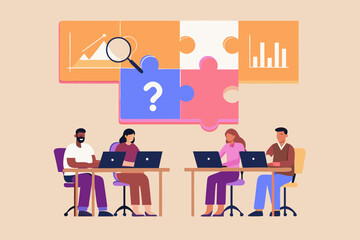 Diverse team collaborating on a complex problem using laptops with puzzle pieces and analytics in the background