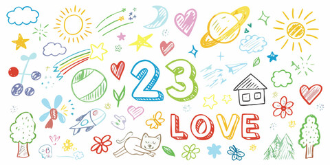 Whimsical hand drawn doodle collection featuring numbers love space and nature elements