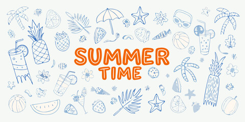 Fun summer time doodle collection with tropical fruits drinks and beach elements