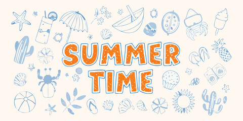 Fun summer time doodle art with beach and tropical elements in blue and orange