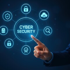 A hand points to a cyber security concept displayed on a digital interface, highlighted by interconnected network-like elements and icons.