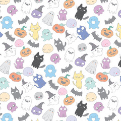 Obraz premium halloween seamless pattern with cats, pumpkins, ghosts, skulls on white background
