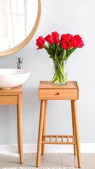 Modern bathroom with red tulips