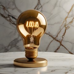 Golden 3D light bulb placed on white marble pedestal with dramatic spotlight, luxury elegant background, no people,Generative Ai
