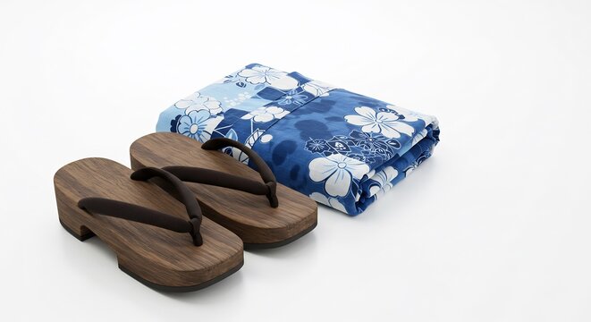 Elegant wooden geta sandals rest beside a vibrant floral cloth bathed in soft light. AI Generated