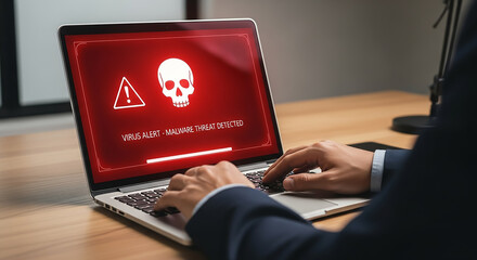 Businessman using laptop with malware threat detected alert and skull on screen