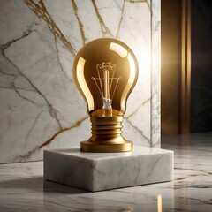 Golden 3D light bulb placed on white marble pedestal with dramatic spotlight, luxury elegant background, no people,Generative Ai
