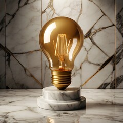 Golden 3D light bulb placed on white marble pedestal with dramatic spotlight, luxury elegant background, no people,Generative Ai
