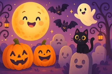 Cute Halloween Pumpkins with Smiling Faces Illustration