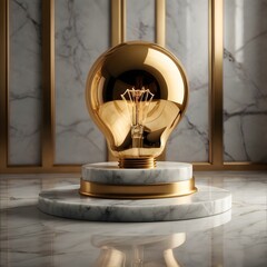 Golden 3D light bulb placed on white marble pedestal with dramatic spotlight, luxury elegant background, no people,Generative Ai
