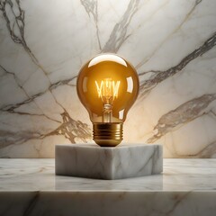 Golden 3D light bulb placed on white marble pedestal with dramatic spotlight, luxury elegant background, no people,Generative Ai
