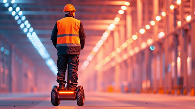 Worker on hoverboard in dimly lit warehouse, illuminated by colorful lights