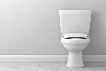 A clean, white toilet sits against a light grey wall in a minimalist bathroom