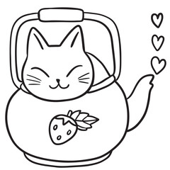 Illustration of Cat in Teapot with Strawberry
