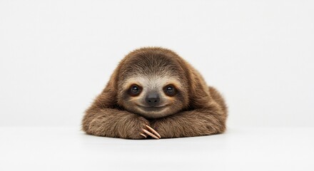 Fototapeta premium Adorable baby sloth peacefully rests against a bright white background. AI Generated