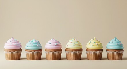 Delightful pastel cupcakes adorned with sprinkles arranged in a charming row, perfect for celebrations and sweet treats