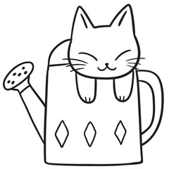 Line Art of Cat in Watering Can