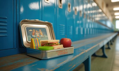 Opened lunchbox on blue bench, old hallway, lockers in distance, apple visible