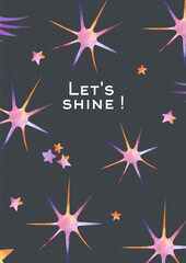 Artistic watercolor composition with bright stars, shooting comets, and galaxy