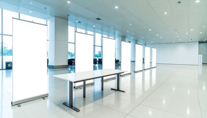 Modern, bright interior hallway with blank displays