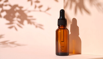 Flygen Amber Serum Bottle Mockup Leaning into Pastel Peach Corner, Vertical Highlights and Soft Shadows