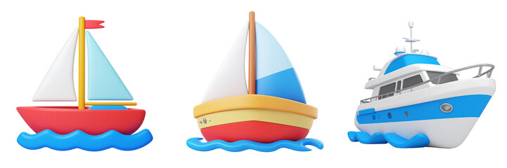 Three Stylized Boats Sailing On Blue Waves Against A Transparent Background