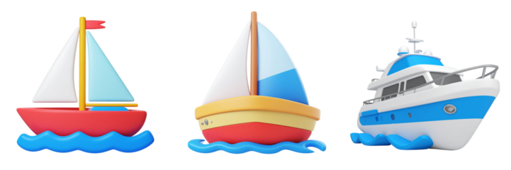 Three Stylized Boats Sailing On Blue Waves Against A Transparent Background