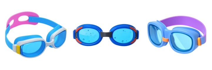 Three Pairs Of Swimming Goggles With Various Color Accents Isolated on Transparent Background