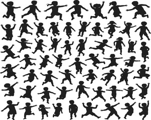 Children silhouette collection, kids jumping, dancing, running vector, fun playful poses, child motion clipart, black outline figures, school activity design element