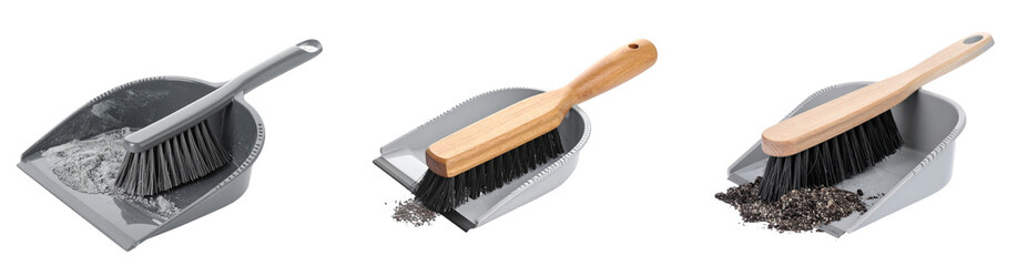 Dustpan And Brush Tools Arrangement On Transparent Background Featuring Grey Plastic Scoop And Wooden Handle