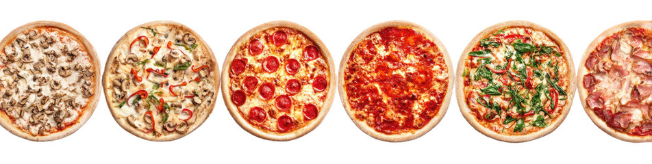 Variety of pizzas, various toppings