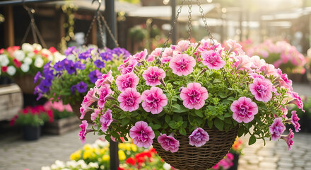 Fototapeta premium Vibrant pink petunias overflowing from hanging basket, bringing a touch of springtime elegance and natural beauty to your designs with this stunning floral display