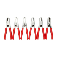 Close Up View of Red and Silver Clamps Arranged in a Row on Transparent Background