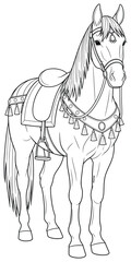 Horse illustration with ornate saddle, tassels, and decorative bridle drawn in elegant line art style perfect for adult coloring pages, fairy tale themes, equestrian artwork