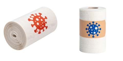 Rolls Of Paper With Red And Blue Virus Symbols On Transparent Background