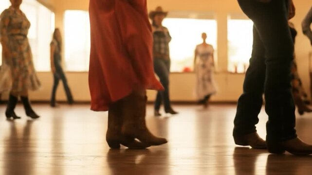 People dancing in a line formation wearing cowboy boots warm lighting