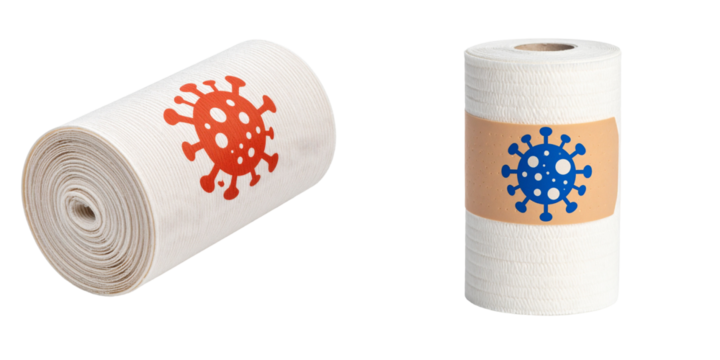 Rolls Of Paper With Red And Blue Virus Symbols On Transparent Background