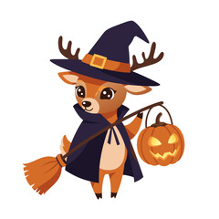 Adorable Fawn in Witch Costume, Holding a Broom and Pumpkin Lantern for Spooky Celebrations