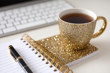 Sparkling gold mug rests on gold notepad next to pen and keyboard