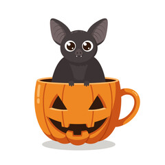 Cute Cartoon Bat Peeking from a Festive Jack-O'-Lantern Mug for Halloween Fun