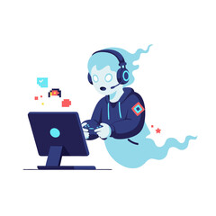 Ghost Gamer Playing Video Games with Controller and Headset Illustration